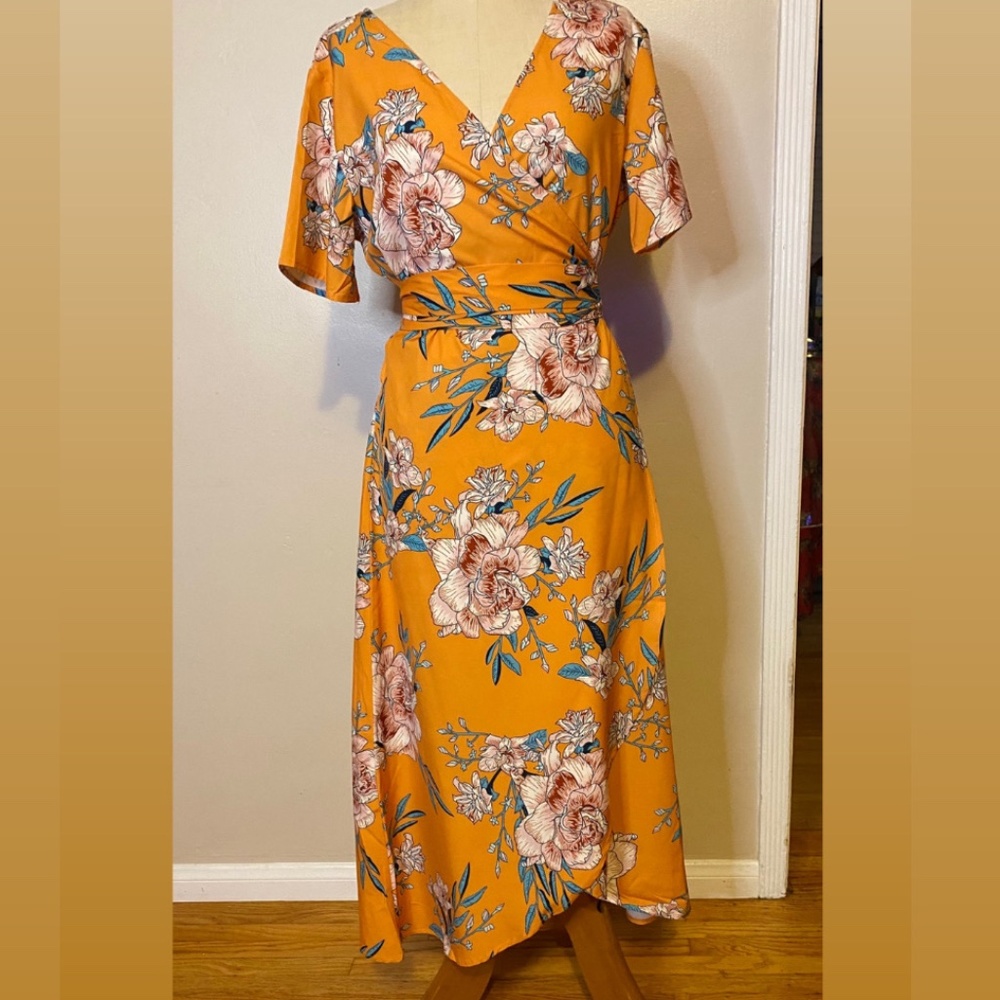 Mustard floral wrap dress